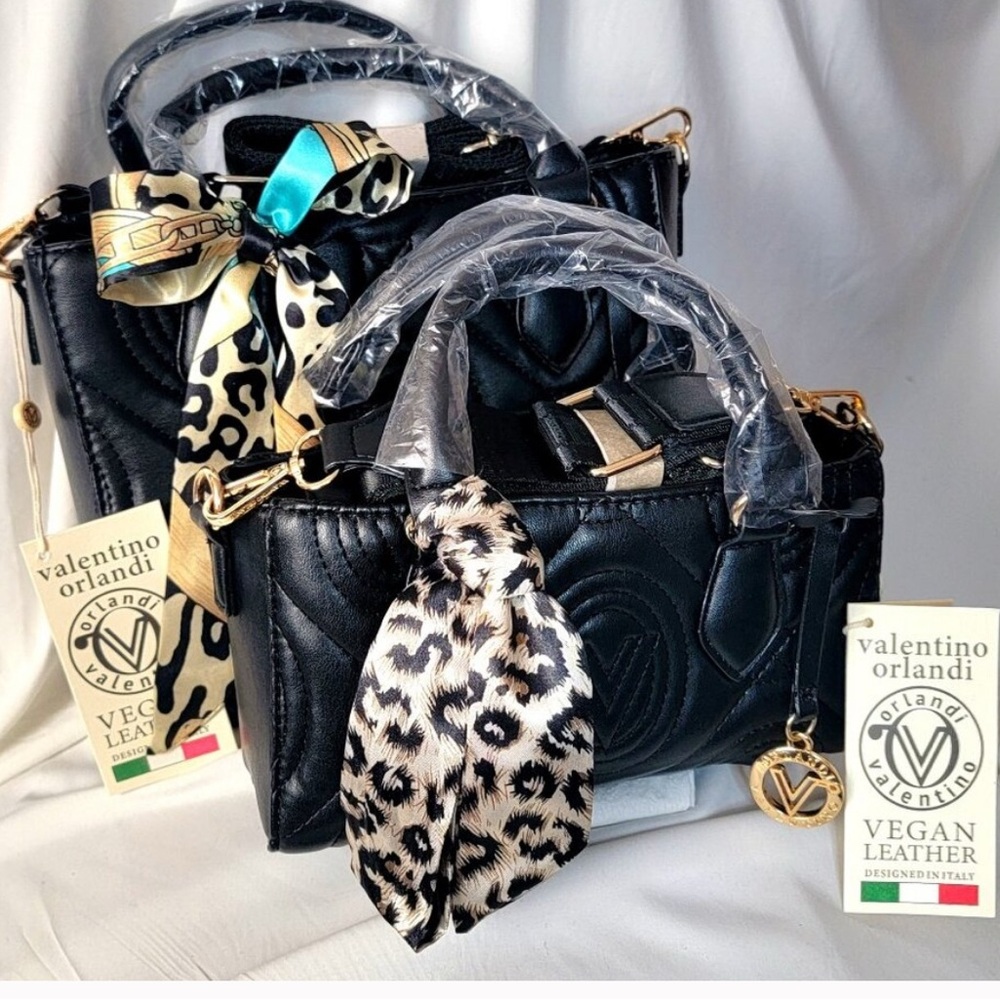 Valentino Orlandi (2fer) Black & Gold Quilted Mommy/Me Crossbody Bag w/ Bow~NWT